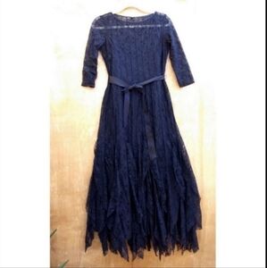 Rickie Freeman for Teri Jon blue tiered lace boat neck Gothic Fringe dress 4
